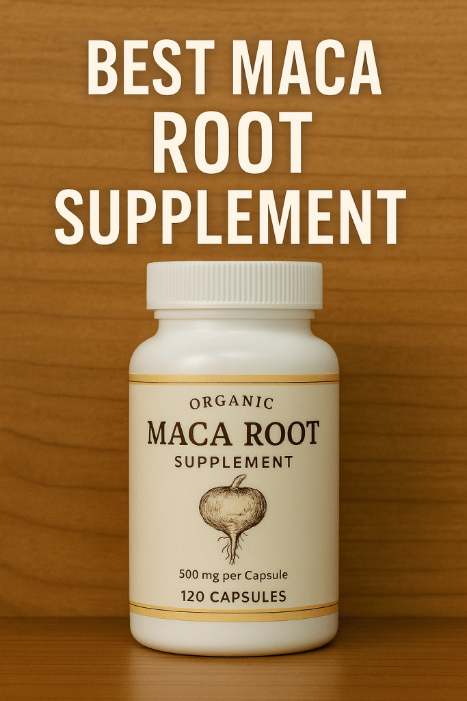 A white bottle of organic maca root supplement capsules placed on a wooden surface, representing the best maca root supplement for energy, hormone balance, and vitality.