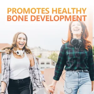Two women smiling outdoors with text promoting Calcium + Vitamin D3 Gummies for healthy bone development.