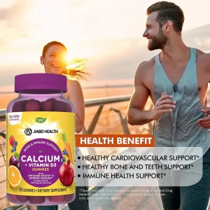 Calcium + Vitamin D3 Gummies bottle with highlighted benefits including bone, teeth, cardiovascular, and immune support.