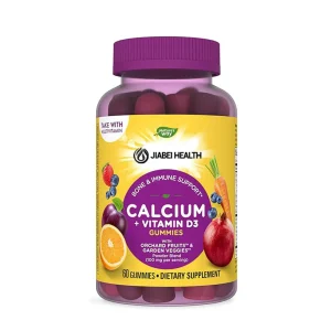 Bottle of Calcium + Vitamin D3 Gummies with Orchard Fruits and Garden Veggies blend for bone and immune support by Jiabei Health, dietary supplement with 60 gummies.