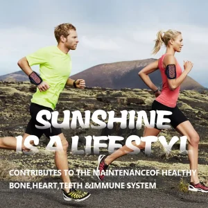 Man and woman jogging outdoors promoting Calcium + Vitamin D3 Gummies for bone, heart, teeth, and immune support.
