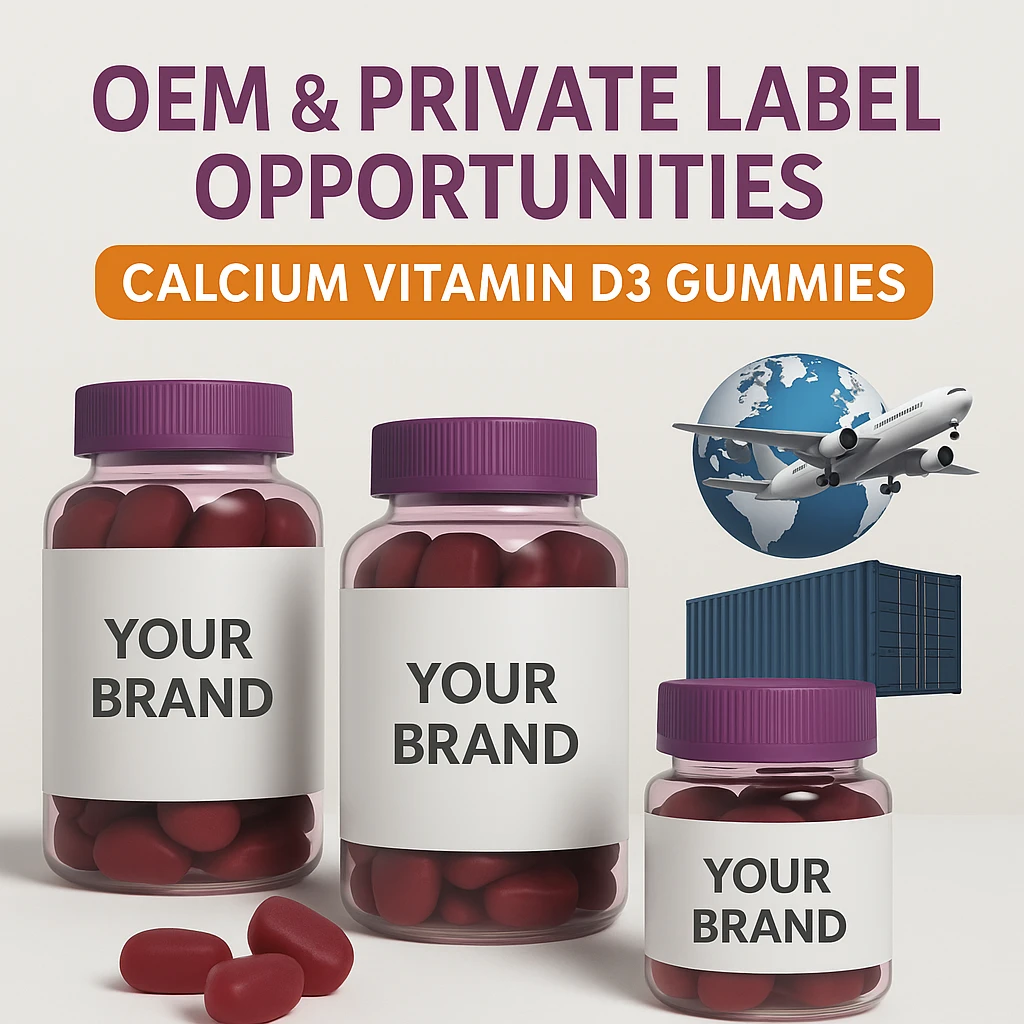 Bottles of Calcium Vitamin D3 Gummies labeled “Your Brand” with logistics icons representing global OEM and private label supply.