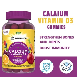 Calcium + Vitamin D3 Gummies bottle with product claims about bone strength, joint health, and immune support.