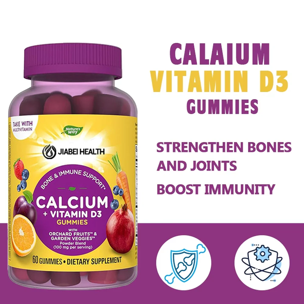 Calcium + Vitamin D3 Gummies bottle with product claims about bone strength, joint health, and immune support.