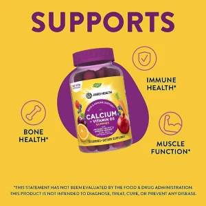 Calcium + Vitamin D3 Gummies bottle with icons showing benefits for bone health, muscle function, and immunity.