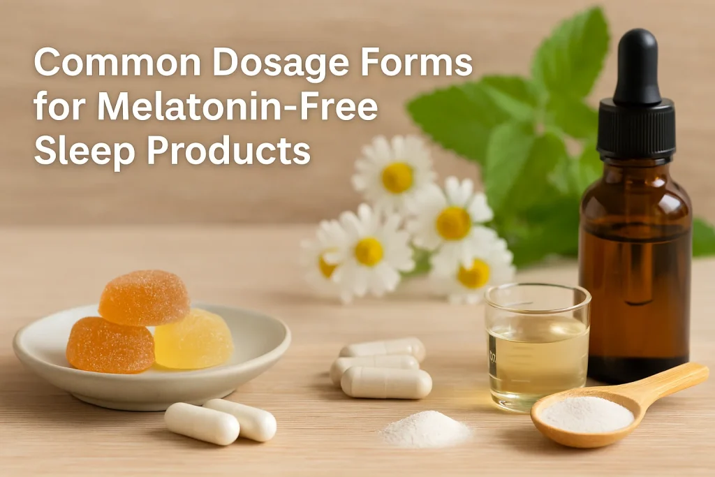 Realistic photo showing common dosage forms of melatonin-free sleep supplements including gummies, capsules, powders, and liquid drops.