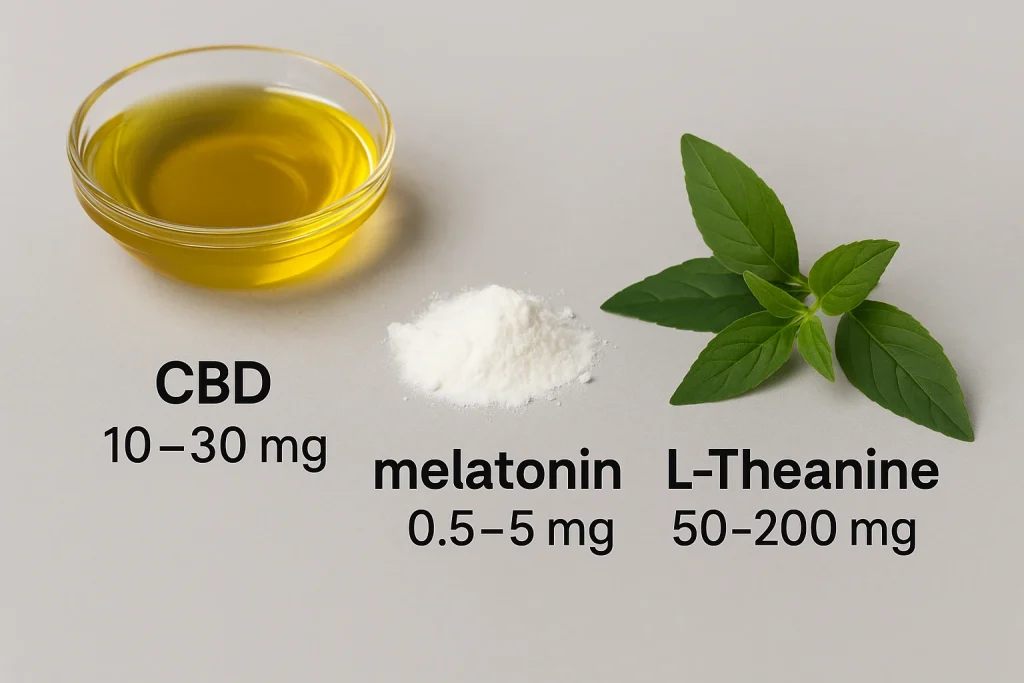 Realistic photo showing CBD oil in a glass dish (10–30 mg), melatonin powder (0.5–5 mg), and fresh green tea leaves representing L-Theanine (50–200 mg), arranged neatly on a clean surface, 16:9 ratio