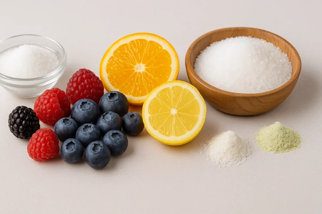 Realistic photo showing fresh berries, citrus slices, citric acid crystals, and natural sweeteners like stevia or monk fruit powder, arranged in the center on a clean surface, 16:9 ratio