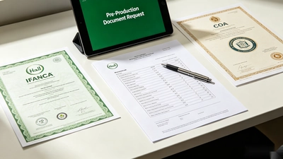 A halal certificate, Certificate of Analysis, and ingredient list spread on a desk, representing the pre-production documents every brand should request from a halal supplement manufacturer.