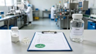 Ingredients sample, capsule shells, and a halal checklist on a clean workspace representing the multiple control layers a halal supplement manufacturer must manage.