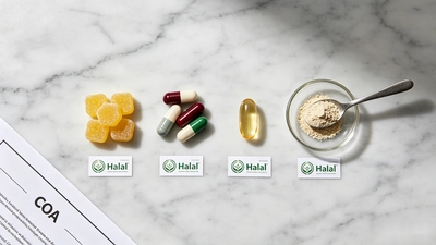 Four supplement dosage forms — gummies, capsules, a softgel, and a powder sample — each marked with a small halal label, illustrating the different halal risk profiles in supplement manufacturing.