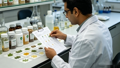 An R&D professional in a clean lab coat comparing ingredient labels with a formula sheet, showing the halal supplement formula review process before sampling begins.