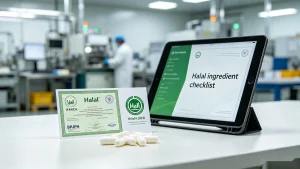 White capsules, a halal certificate with a visible certification body logo, and a tablet showing a halal pre-production checklist — representing how brands verify a halal supplement manufacturer before production.