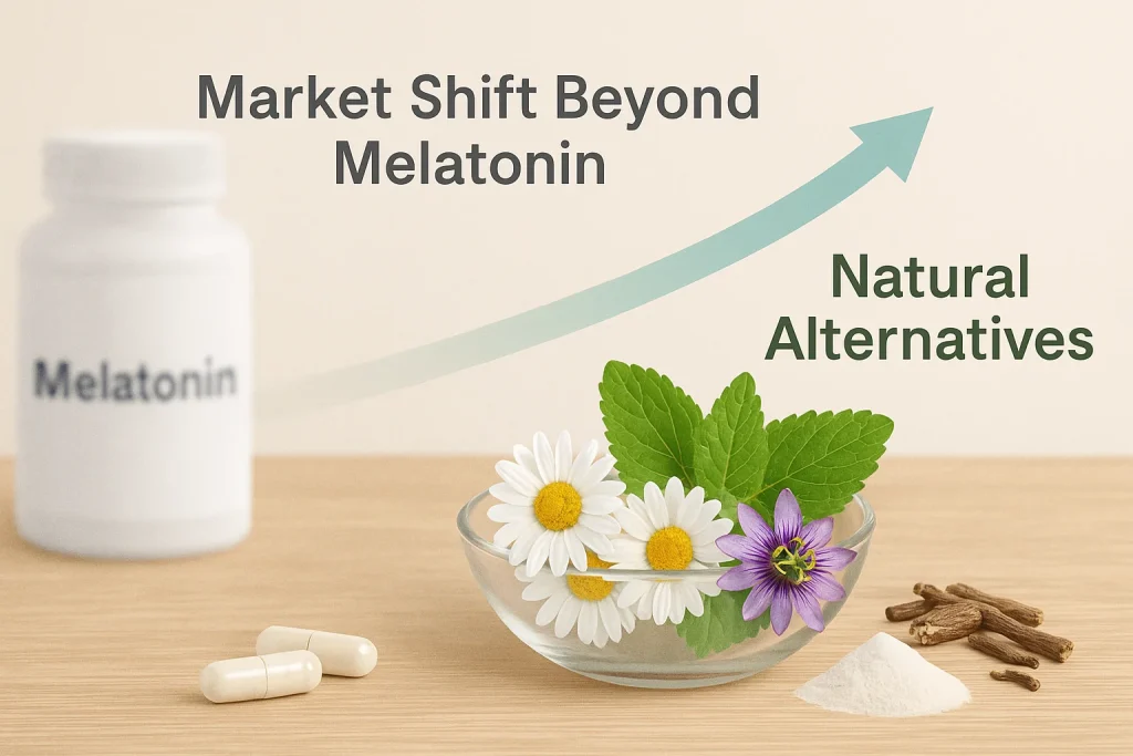 Illustration showing market trend moving beyond melatonin towards natural ingredients like chamomile, valerian, magnesium, and lemon balm.