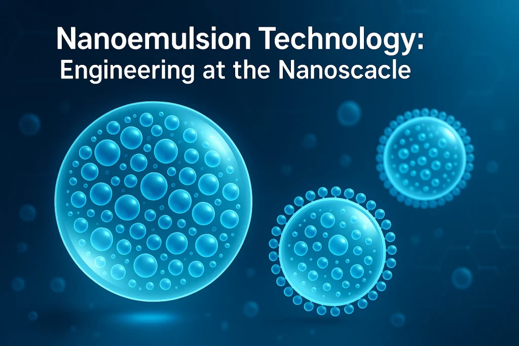 Scientific illustration showing nanoscale CBD oil droplets dispersed as nanoemulsion particles in a fluid blue environment, representing engineering at the nanoscale, 16:9 ratio