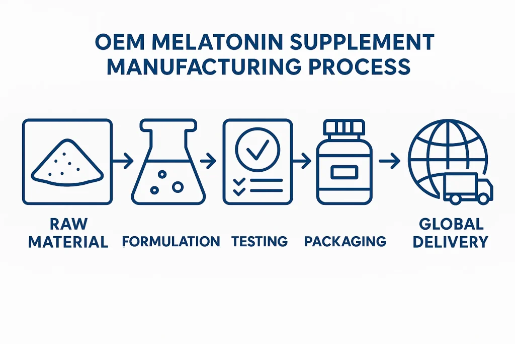 Flowchart showing OEM melatonin supplement manufacturing from raw material to finished product and global delivery