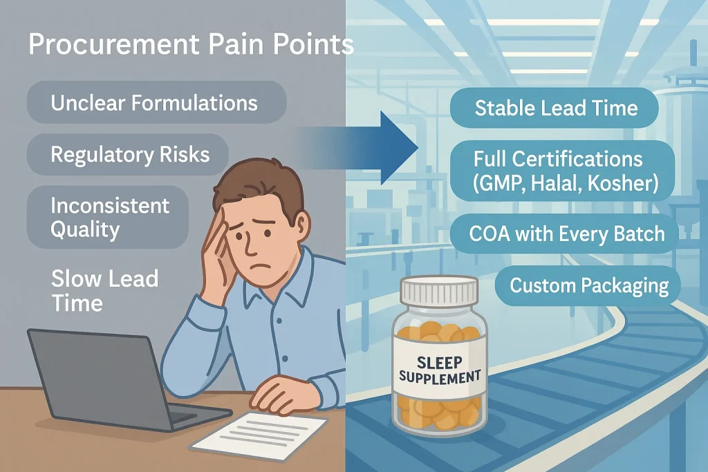 Illustration showing procurement pain points such as unclear formulations and slow lead time, contrasted with OEM solutions like stable production, certifications, and custom packaging.