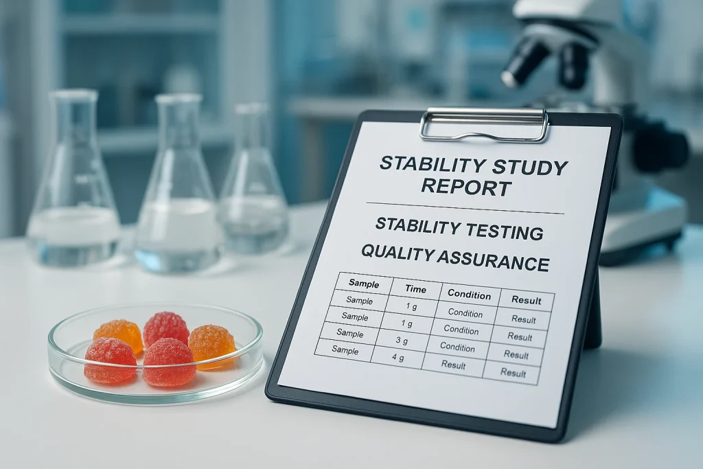 Realistic photo showing CBD gummies in a petri dish beside a stability study report on a clipboard, with laboratory glassware and equipment in the background, representing stability testing and quality assurance