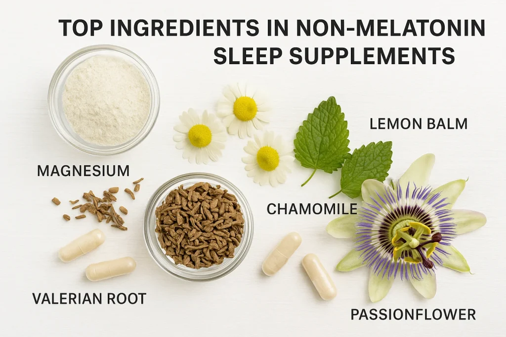 A realistic photo of natural ingredients used in non-melatonin sleep supplements, including chamomile flowers, lemon balm leaves, valerian root, magnesium powder, and passionflower blossom, arranged on a white wooden surface.
