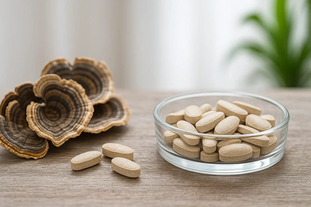 Dried turkey tail mushroom slices with a glass dish of mushroom pills on a wooden surface, representing natural ingredients and healthy supplement production
