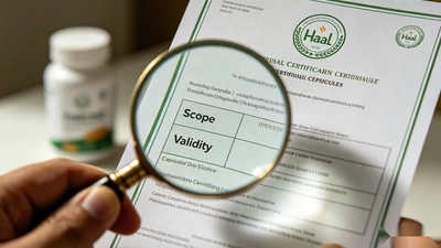 A magnifying glass focusing on the scope and validity date of a halal certificate, demonstrating the verification step when auditing a halal supplement manufacturer.