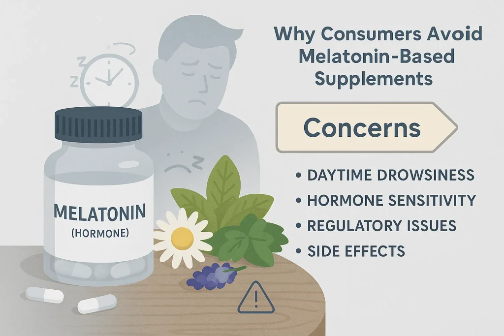 Illustration showing concerns about melatonin supplements including daytime drowsiness, hormone sensitivity, and regulatory restrictions.