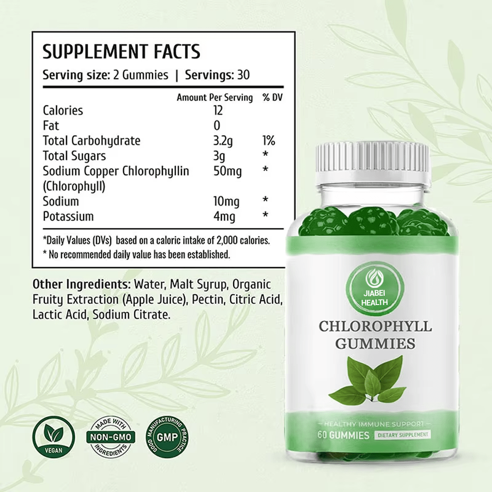 Supplement facts panel of Jiabei Health chlorophyll gummies OEM manufacturer showing ingredients and nutrition facts