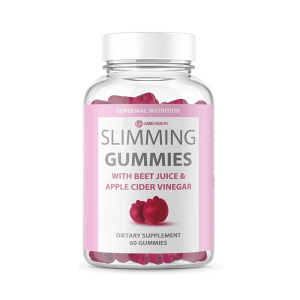 Slimming gummies with beet juice and apple cider vinegar in a clear bottle by Jiabei Health, natural detox and metabolism support supplement for private label and OEM production.