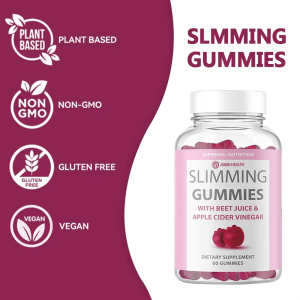 Slimming gummies with beet juice and apple cider vinegar by Jiabei Health, showing vegan, plant-based, non-GMO, and gluten-free supplement benefits for private label production.