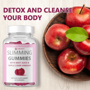 Bottle of Jiabei Health slimming gummies with beet juice and apple cider vinegar beside fresh apples, highlighting natural detox and cleansing support for OEM supplement brands.