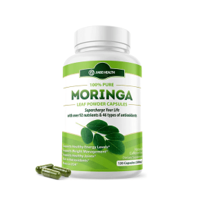 Bottle of Jiabei Health 100% Pure Moringa Leaf Powder Capsules showing green label design and capsules on white background, highlighting antioxidant and energy support supplement for OEM and private label manufacturing