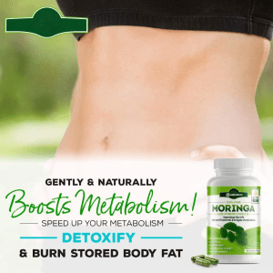 Woman showing flat stomach with Jiabei Health Moringa Leaf Powder Capsules bottle in foreground, emphasizing natural metabolism boost, detox support, and fat burning benefits