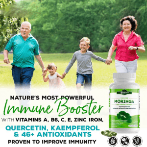 Family walking outdoors holding hands with Jiabei Health Moringa Leaf Powder Capsules bottle, highlighting natural immune booster with vitamins and antioxidants for daily health