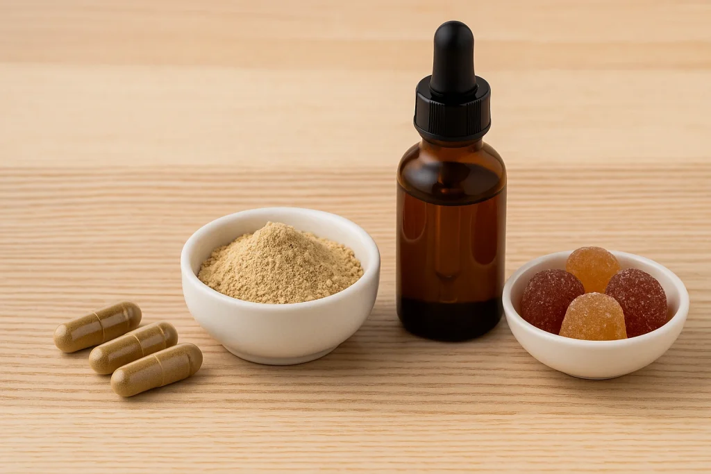 Realistic photo showing astragalus powder, capsules, gummies, and liquid extract bottle on a light wooden surface, symbolizing versatile supplement formulations.
