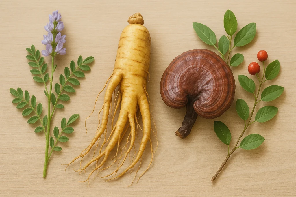 Realistic photo of astragalus root, ginseng root, reishi mushroom, and red-berried herb arranged on a wooden surface in warm light, symbolizing multi-herb immune system synergy.