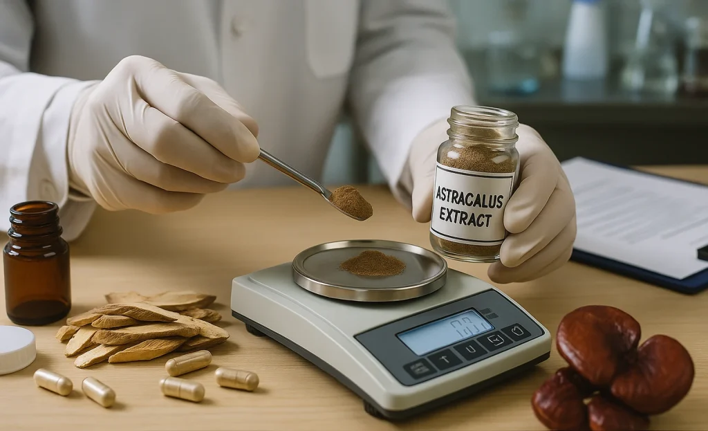 Realistic photo of laboratory technician handling astragalus extract powder on a scale, with capsules and dried roots, representing OEM manufacturing expertise.