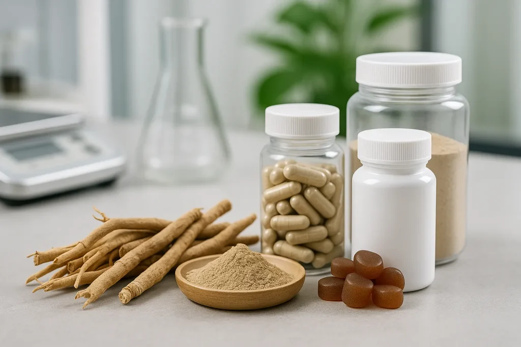 Ashwagandha roots and herbal supplement bottles on a laboratory table representing the global rise of adaptogens and custom supplement formulation by Jiabei Health.