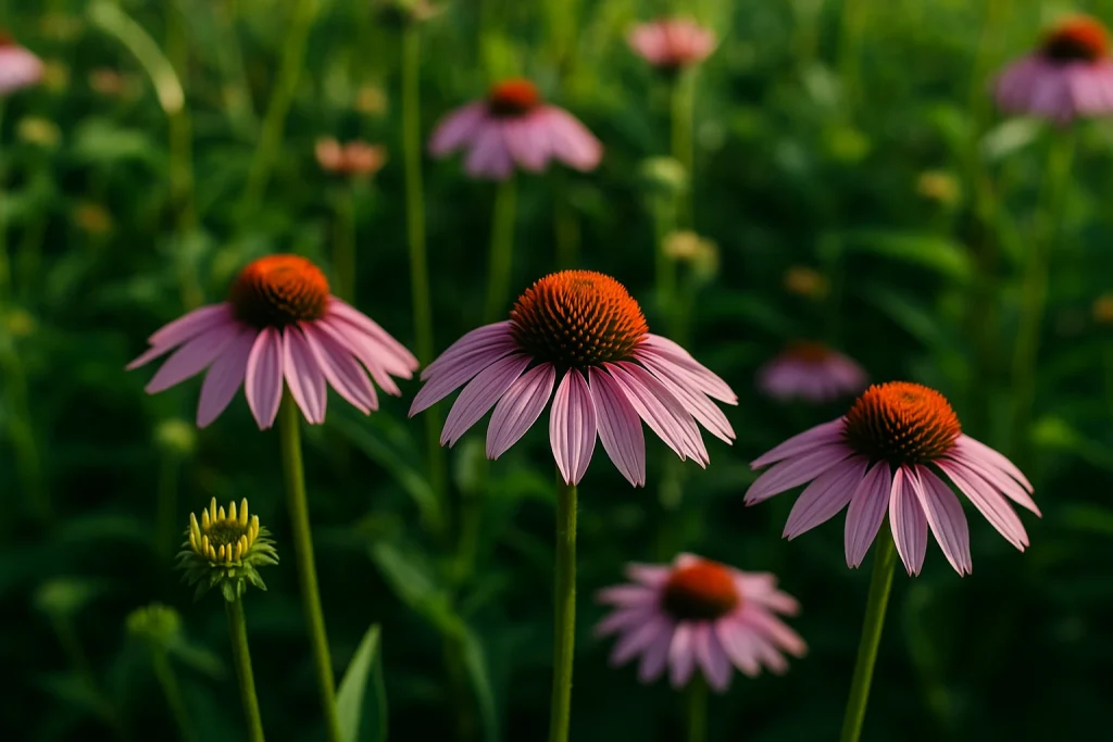 Field of echinacea purpurea flowers under soft sunlight showing natural ingredients for echinacea extract and immune support supplements, 16:9 image without text.