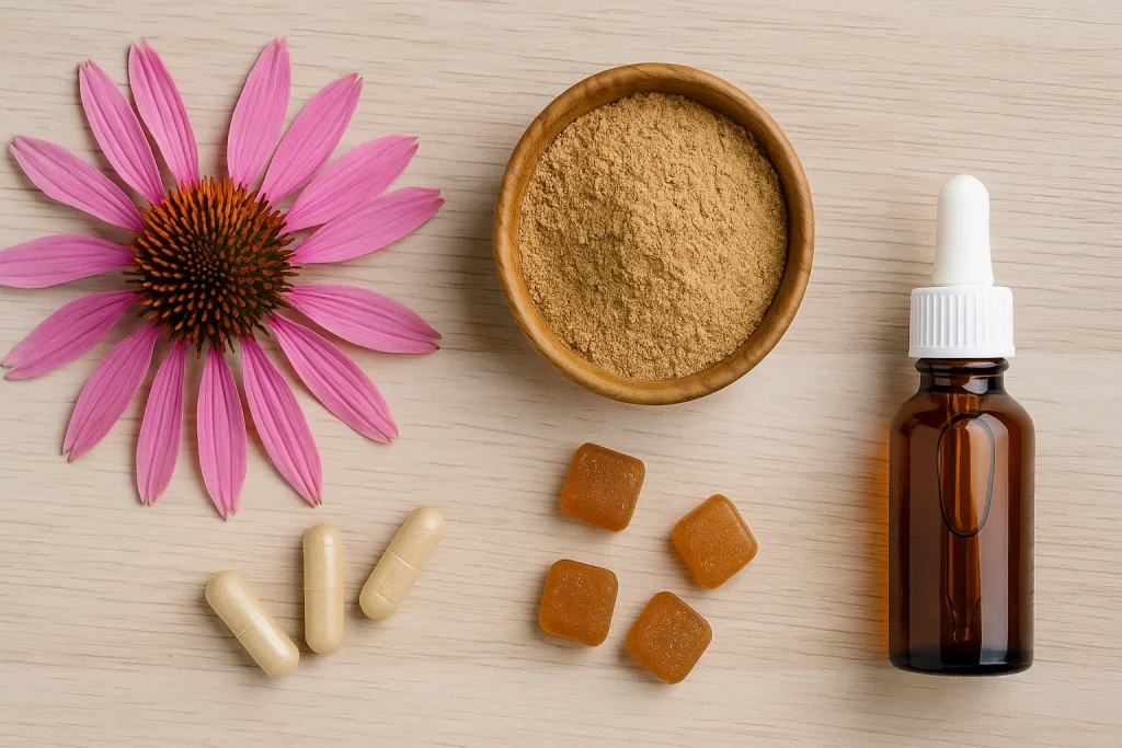 Echinacea flower with extract powder, capsules, gummies, and liquid dropper bottle representing OEM manufacturing of herbal supplements, 16:9 image without text.
