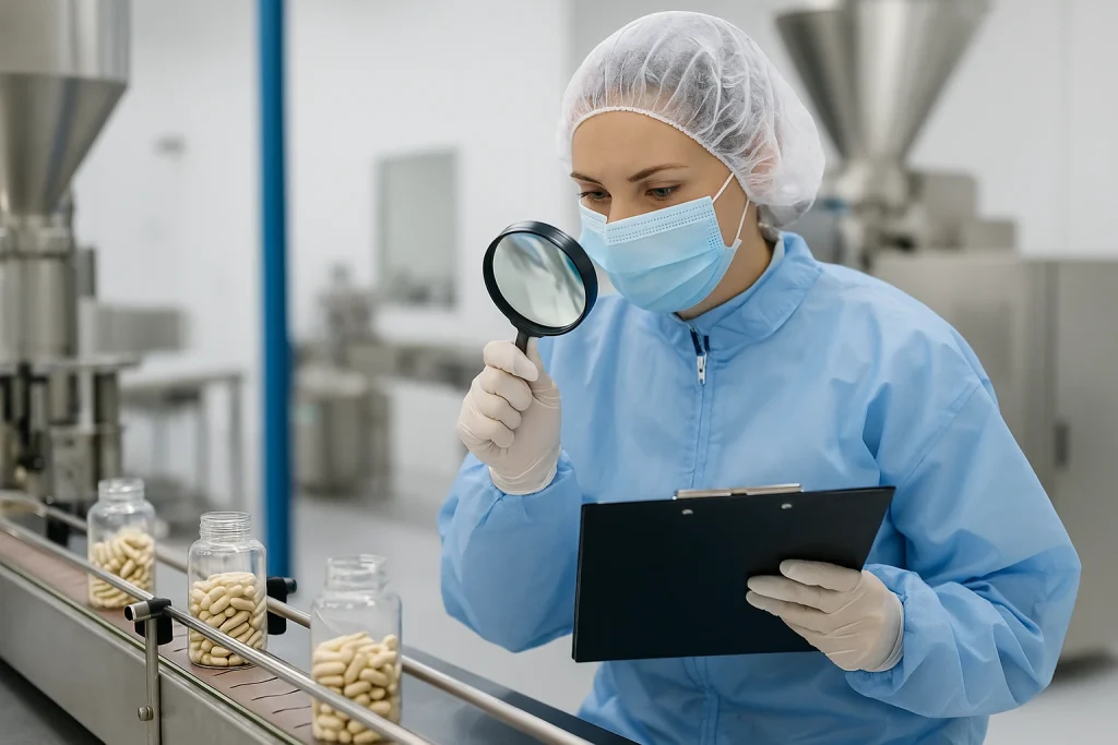 Technician inspecting supplement capsules under HACCP food safety standards in a certified OEM manufacturing facility.
