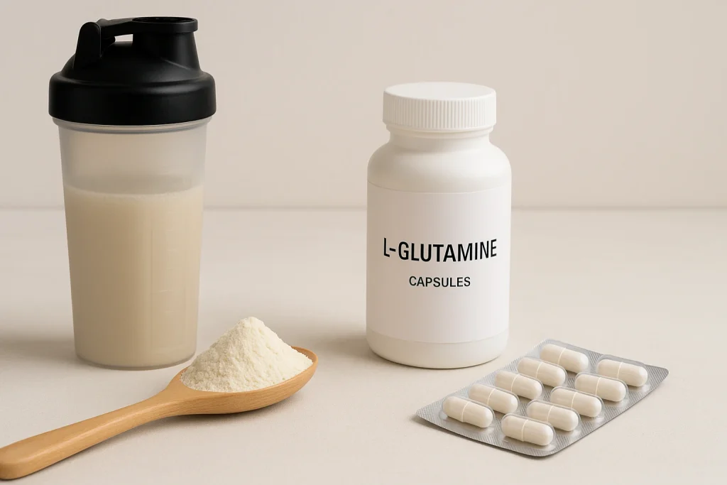 Realistic photo showing three L-Glutamine supplement forms including a shaker bottle with powder drink, a scoop of white powder, and a blister pack of capsules arranged on a clean surface under natural light