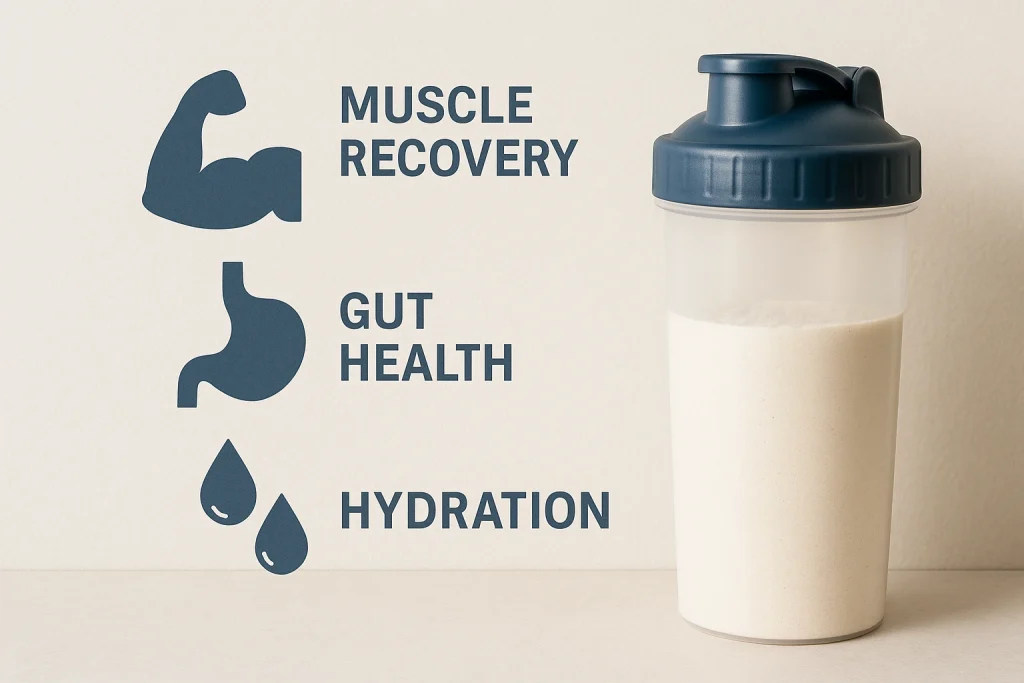 Realistic photo of a shaker bottle filled with L-Glutamine powder, featuring icons and labels for muscle recovery, gut health, and hydration benefits on a clean beige background