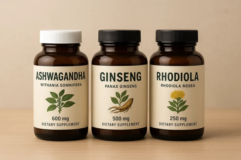 Three dietary supplement bottles labeled Ashwagandha, Ginseng, and Rhodiola displayed on a wooden surface for adaptogen comparison.