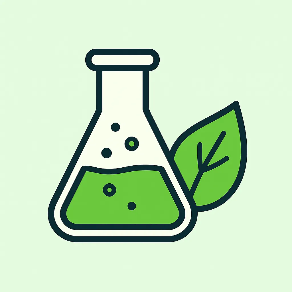 Minimalist illustration of a laboratory flask with green chlorophyll liquid and a leaf symbolizing natural detox supplement