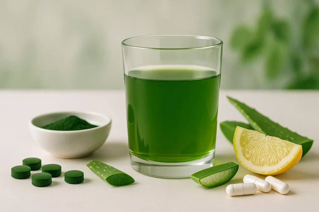 Realistic image showing green chlorophyll drink with spirulina powder, aloe vera leaves, collagen powder, chlorella tablets, and lemon slices representing a natural functional ingredient combination