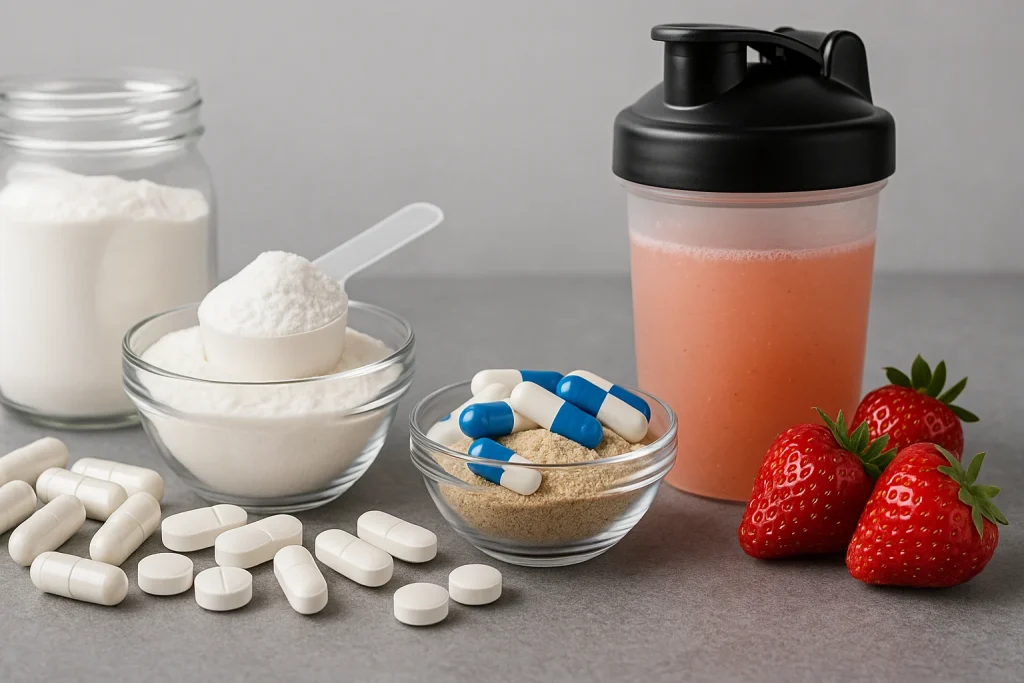 creatine powder capsules tablets BCAA blend and strawberry drink mix displayed naturally on a table for OEM supplement manufacturing