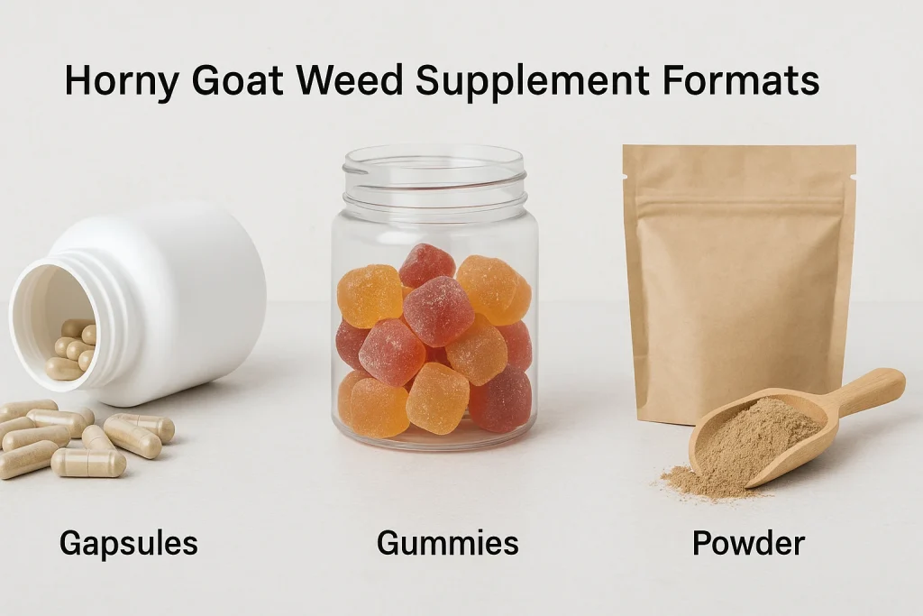 Comparison of horny goat weed supplement formats showing capsules, gummies, and powder options for OEM private label manufacturing.