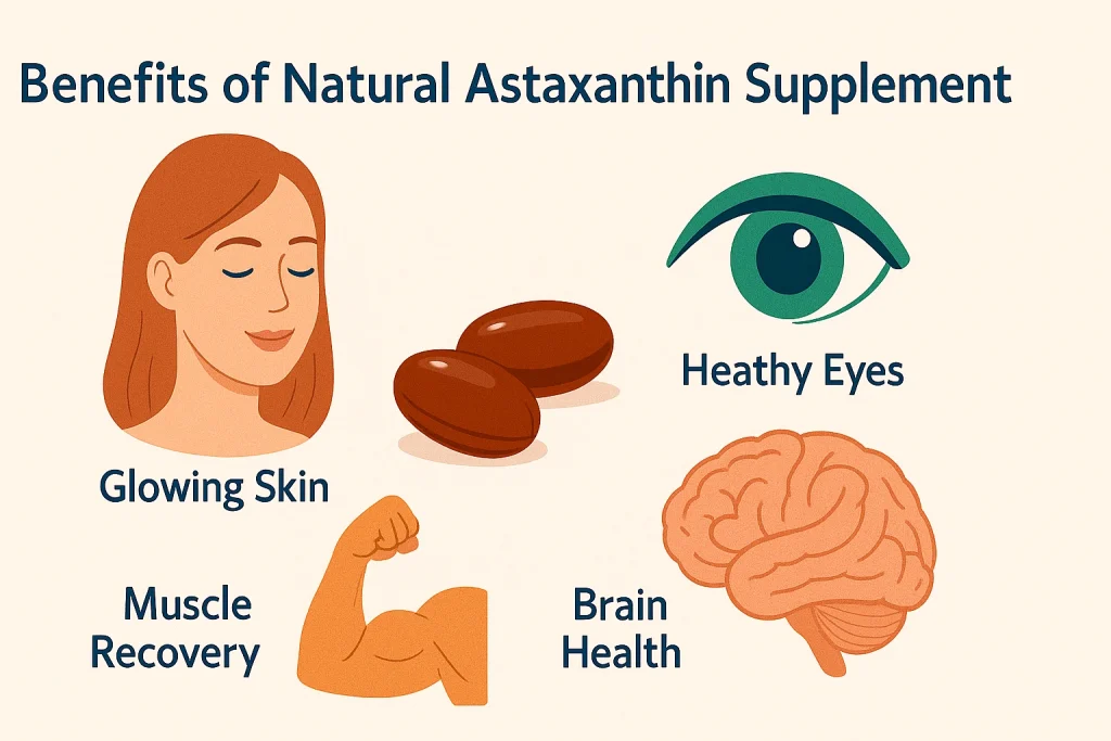 simplified infographic showing glowing skin, healthy eyes, muscle recovery, and brain health benefits of natural astaxanthin supplement with softgel capsules, 16:9 ratio