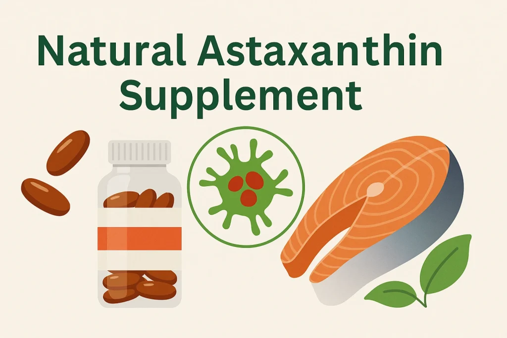 natural astaxanthin supplement illustration showing microalgae Haematococcus pluvialis, salmon, and capsules for introduction section, realistic 16:9 composition