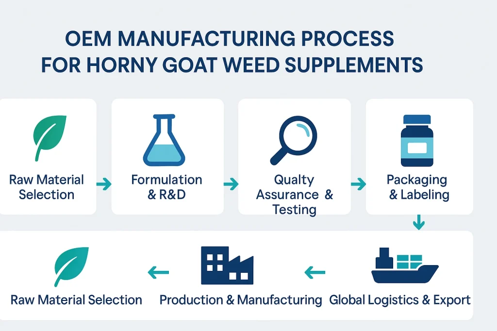 OEM manufacturing process flowchart for horny goat weed supplements showing raw material selection, R&D, production, testing, packaging, and global export.